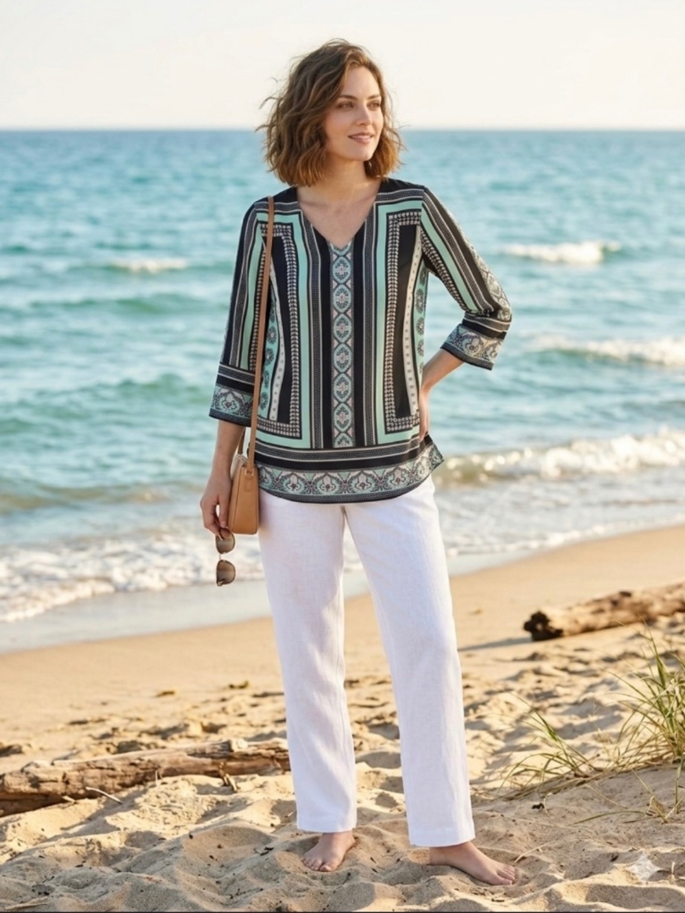 JM Collection Geometric Border Print Tunic Top L Boho Chic Y2K 90’s Mod Revival